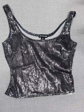 PrettyLittleThing Silver Sequin Scoop Neck Tank Top Size US 4
